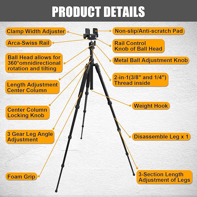 HUNTPAL Shooting Tripod Hunting Shooting Stick Gun Rifle Rest with Saddle Clamp and 360° Rotate Ball Head, Height Adjustable 19"-65" Rifle/Crossbow Stick Tripod