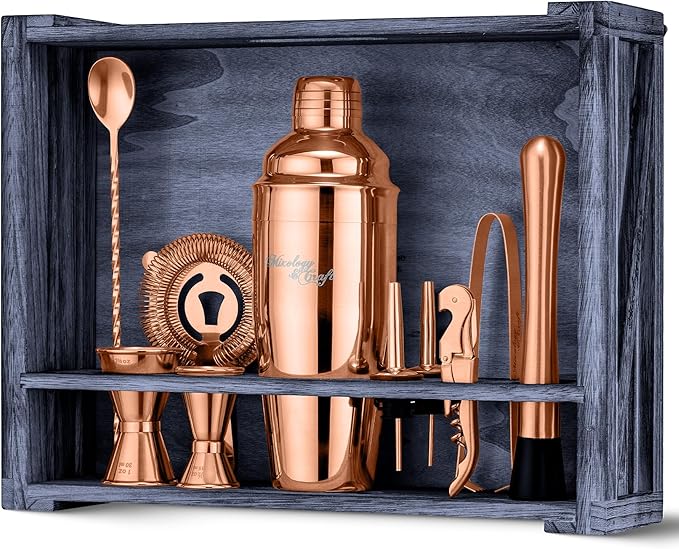Mixology & Craft 11-Piece Cocktail Shaker Set with Wood Stand | Complete Cocktail Kit Gift Set | Top Bartender Gifts for M...