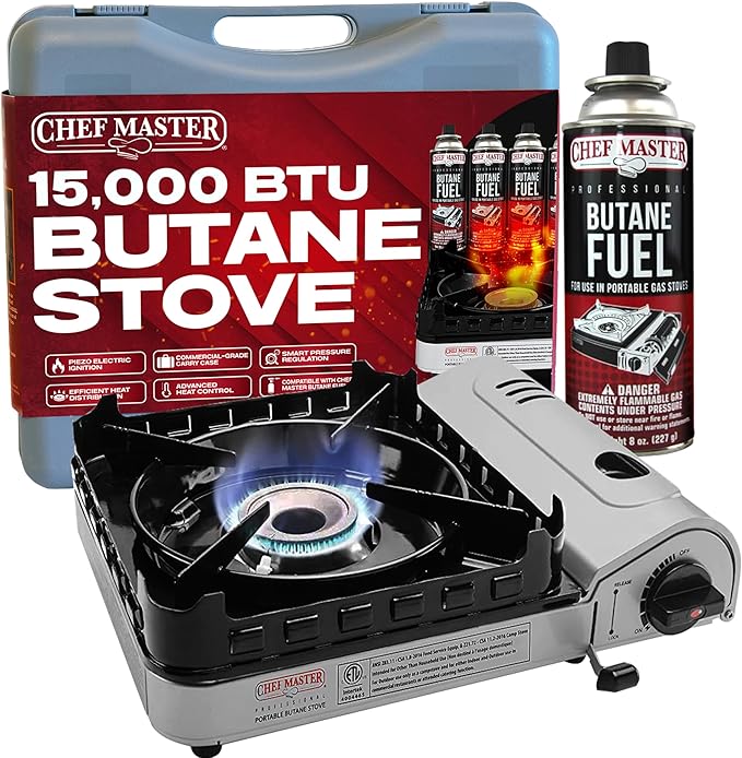 Chef Master 15,000 BTU Butane Portable Camp Stove | Double Wind-Guard Portable Stove Burner w/Piezo Click Ignition for Eme...