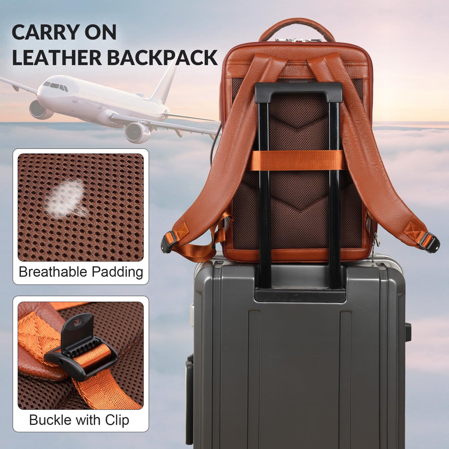 TIDING Expandable Leather 15.6" Laptop Backpack for Men Women, TSA Friendly Business Travel Bag Slim Work Casual Daypack