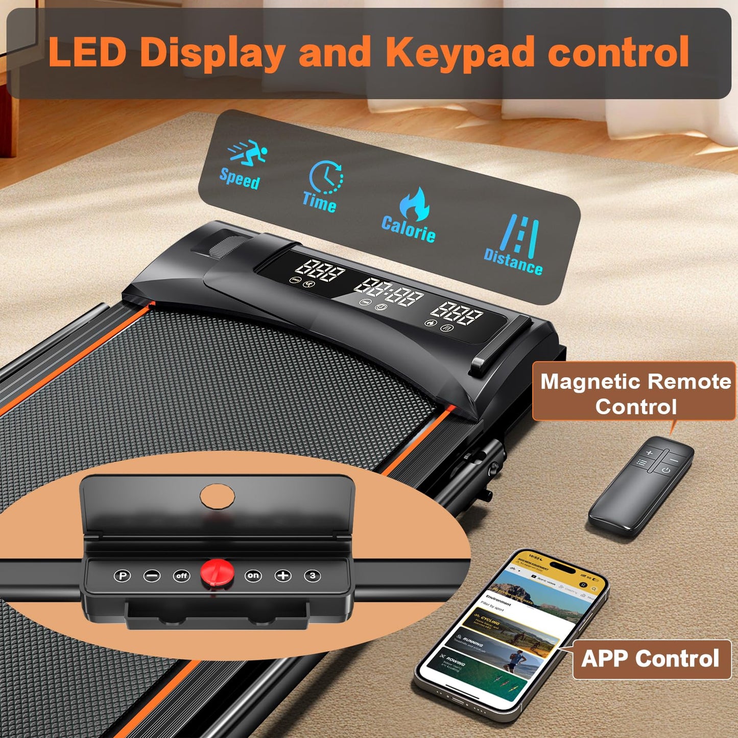 Incline Treadmill for Home, Walking Pad with Handle Bar, Under Desk Compact Treadmill with 350 Lbs Capacity, LED Display & APP, Remote Control, 3.0HP (XXL)