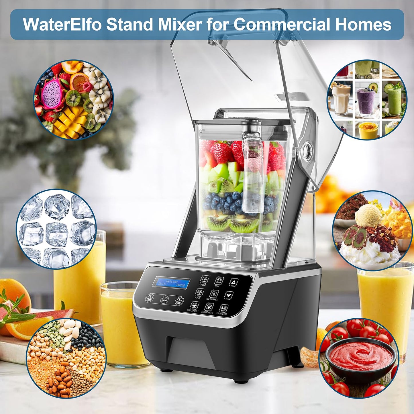 WaterElfo Commercial Blender 2200W 2.1QT 68OZ Quiet Blender Brushless Motors Commercial Smoothies, Frozen Drinks,Self-Cleaning，Electric Countertop Blenders Heavy-Duty,Silver Grey