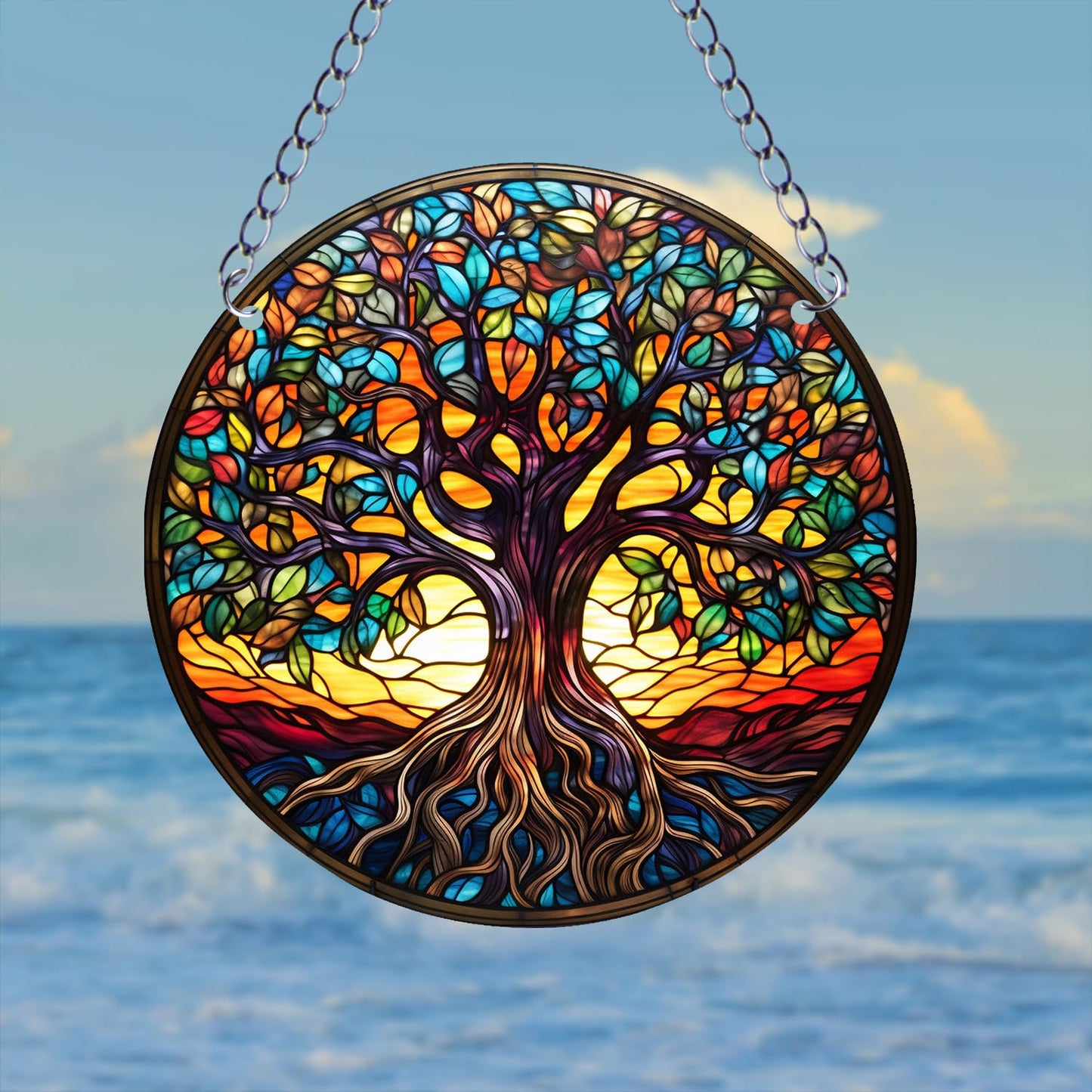Tree of Life Stained Window Hangings with Chain – Acrylic Tree Ornament for Garden, Patio and Indoor Decor, Housewarming Gift for Mom, Grandma