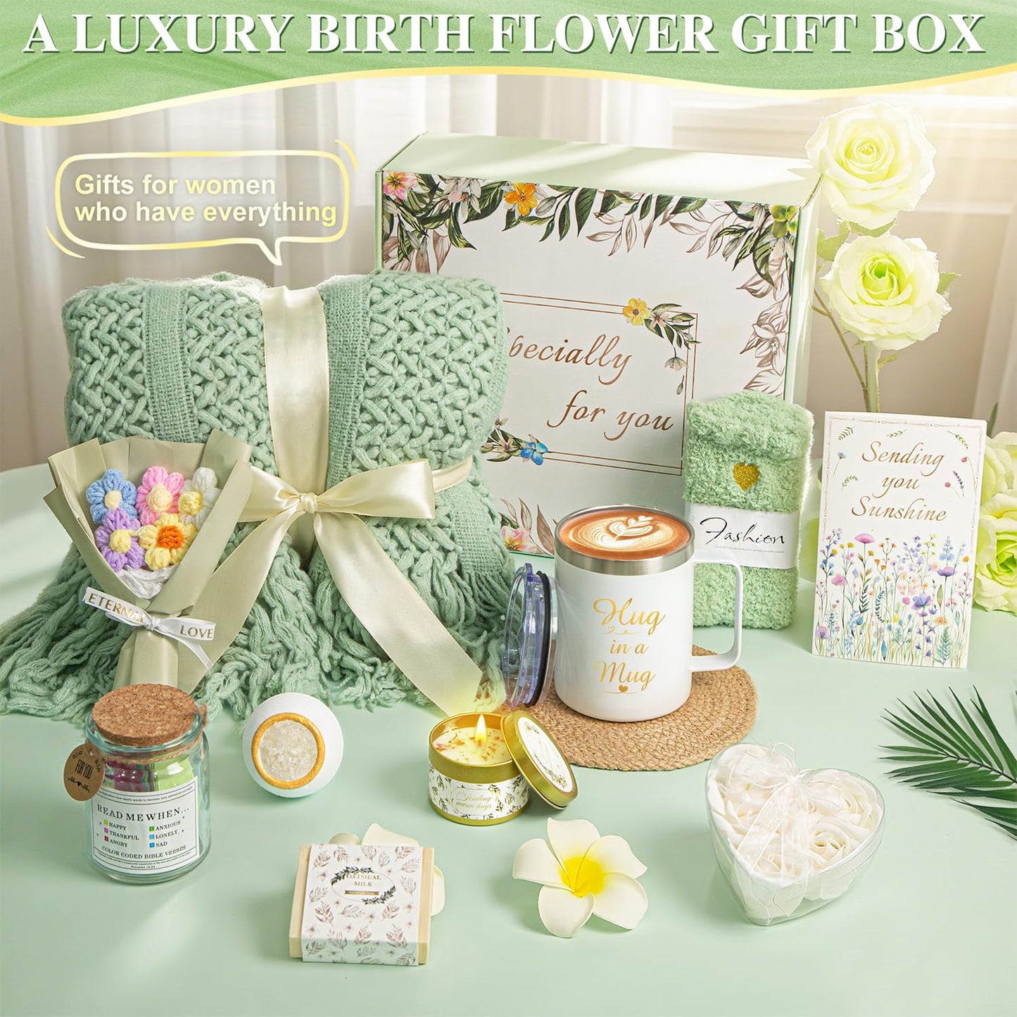 Gift Baskets for Women, 11 PCS Unique Birthday Gifts for Women, Self Care Gift Baskets, Thank You, Get Well, Sympathy Inspirational Friendship Gifts for Mom, Grandma, Sister,Friends (Sage Green)