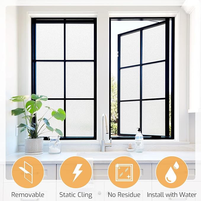 LUTE Window Privacy Film, Frosted Glass Window Film, Static Cling Heat Control Frosting Glass Sticker Removable, Non-Adhesive Opaque Covering for Bathroom Home Office Door (White, 35.4" x 157.4")