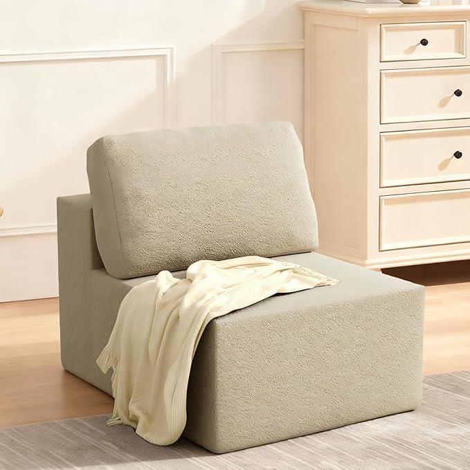 Furnify 30" Modular Upholstered Foam Couch, Upholstered Floor Sofa Couch with Pillow, Bean Bag Chair for Bedroom Living Room, No Assembly Required (Camel, Teddy Boucle)