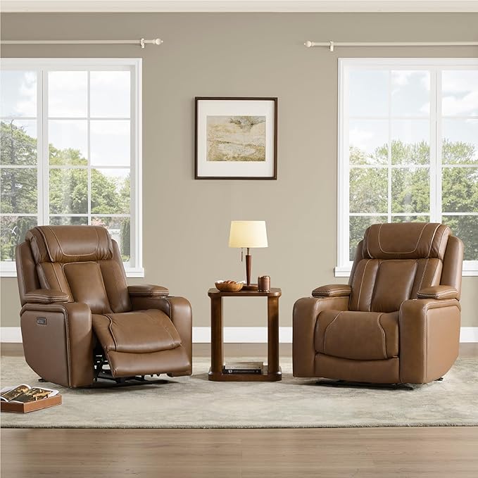 Watson & Whitely Genuine Leather Electric Recliner Chairs, Oversized Super Zero Gravity Recliner Triple-Motor W Adjustable Lumbar Headrest Support & Hidden Storage, Saddle Brown