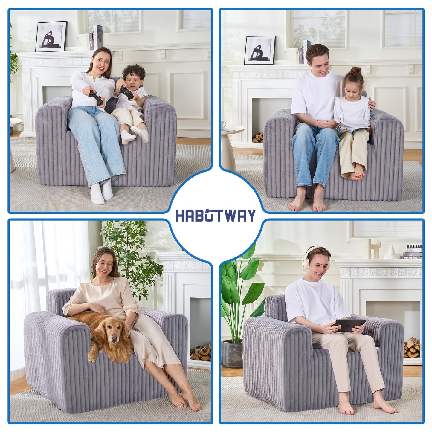 HABUTWAY Giant Bean Bag Chairs for Adults with Armrests, High Backrest Bean Bag Lounge Lazy Sofa with Durable Elastic Foam Filling & Comfy Fabric, Single Couch for Bedroom/Dorm/Living Room(Grey)