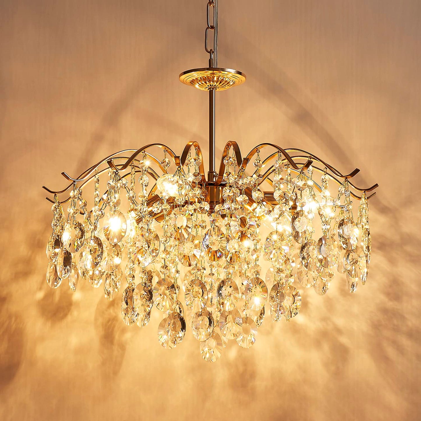 Saint Mossi 6-Light Gold Crystal Chandeliers, Middle Century Dining Room Light Fixture, Modern Pendant Light for Living Room, D20 x H17, Adjustable Chains 59", Chopper Finish Metal Frame