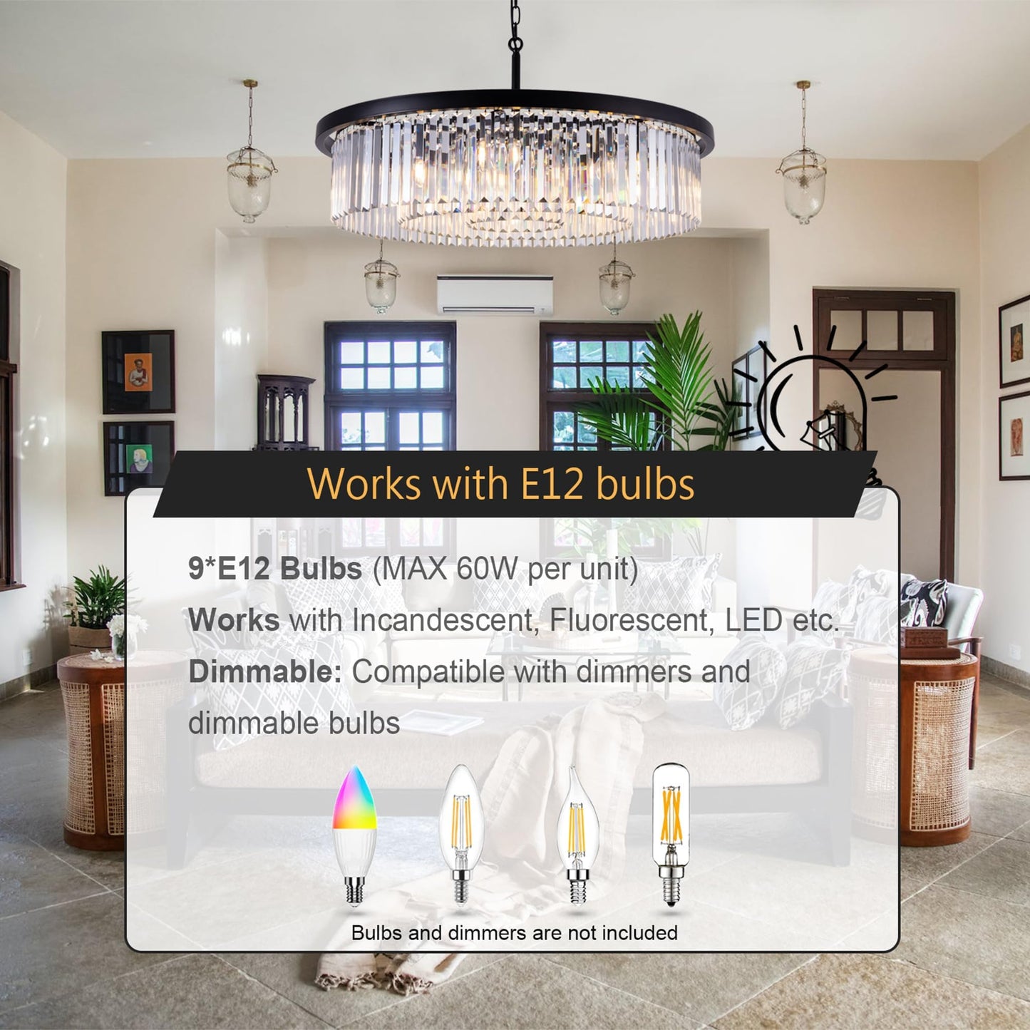 Wellmet Modern Black Crystal Chandelier, 33.5" Large 3-Tier Round Pendant Light with Adjustable Chain, 9-Light Luxury Crystal Ceiling Fixture for High Ceiling Foyer, Grand Living Room, Dining, Bedroom