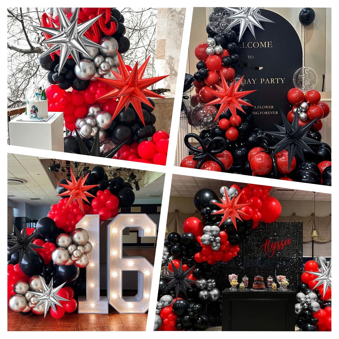 Red and Black Balloon Arch Kit with 3pcs Star Balloons, Red Black and Metallic Silver Balloons Garland Kit for Birthday Red Black Graduation 2025 New Year Party Decorations