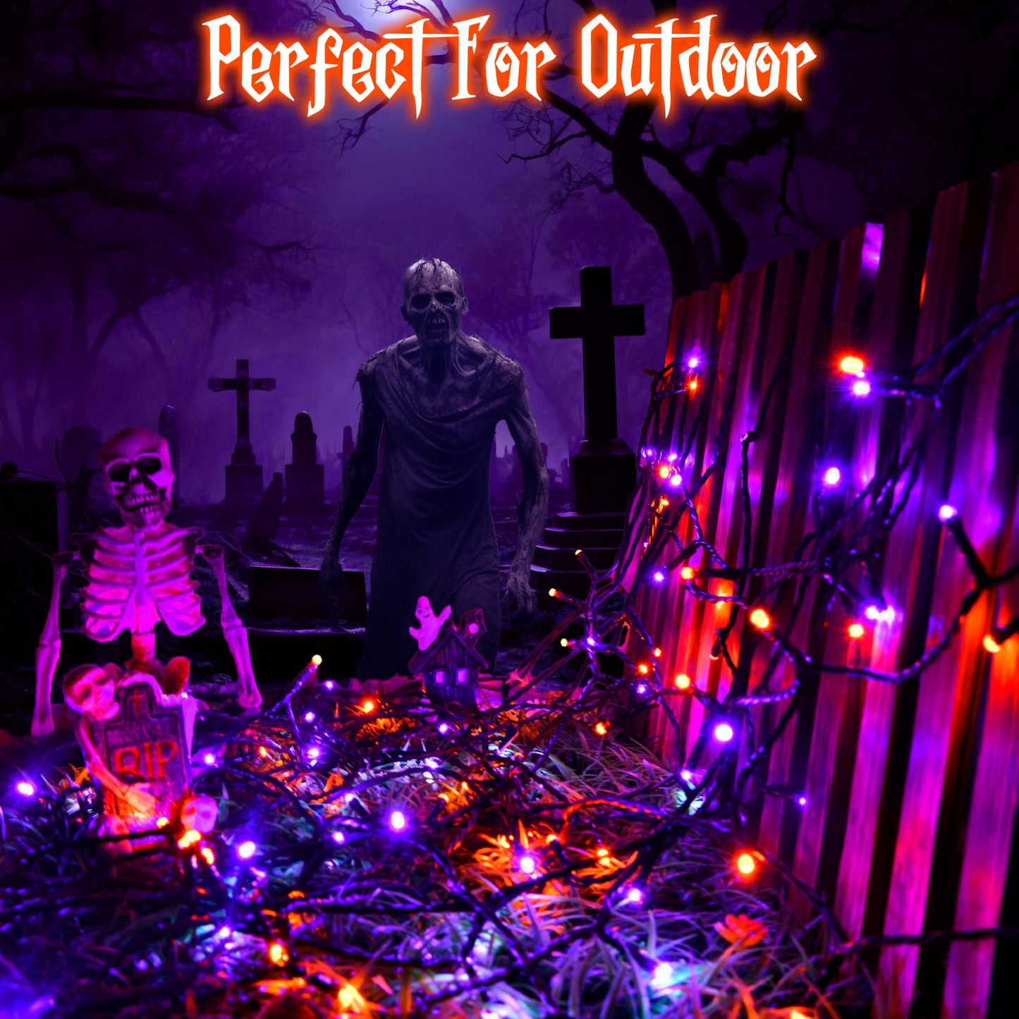 FFZZKJ Halloween Lights String Total 100LED Battery Operated Outdoor 8 Modes with Timer 16.4Ft*2, 50LED*2 Waterproof Fairy Lights Indoor for Halloween Decor, Orange&Purple, 2-Pack