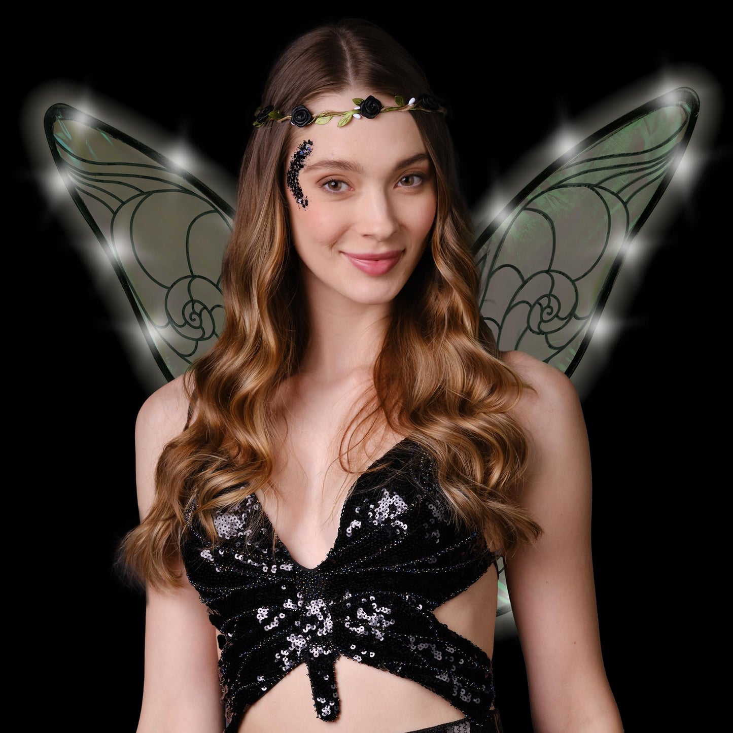 Funcredible Fairy Costume For Women and Girls - Black Light Up Fairy Wings and Flower Crown, Glitter - Butterfly Wings - Tooth Fairy Cosplay Outfit - Halloween Costumes for Women