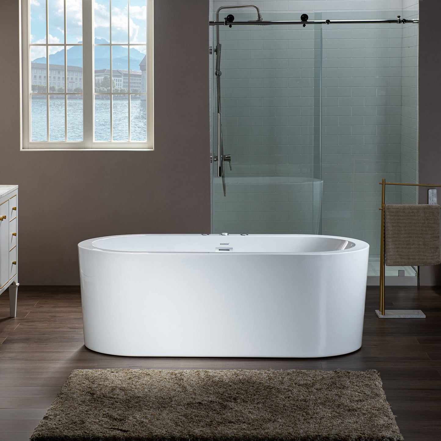 WOODBRIDGE 66-1/2" x 31-7/8" Whirlpool Water Jetted and Air Bubble Freestanding Heated Soaking Combination Bathtub,BJ-200