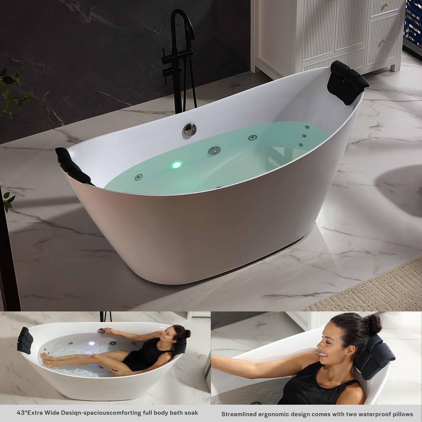 Empava Upgrade Acrylic Whirlpool Bathtub, 67-Inch Freestanding Boat Shaped Jetted Bathtub with Healing Chromotherapy, 18 Hydromassage Jet, Double-Ended Massage Bathtub with Two Black Pillows