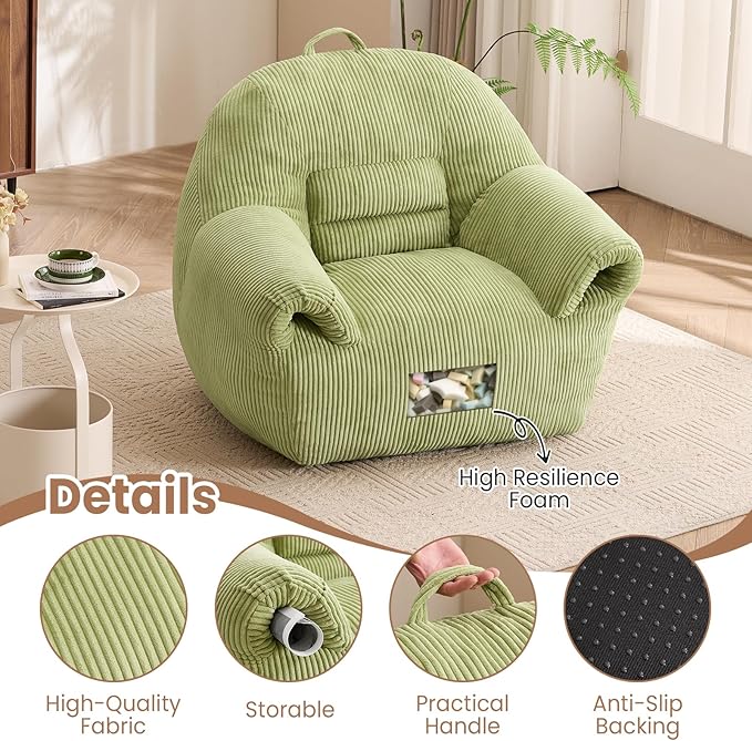 Peace nest Bean Bag Chair with Memory Foam Filled Ultra Soft Corduroy Cover for Adults Comfy Fur Bean Bag Chairs with Armrests for Bedroom Living Room Office Dorm Reading Green