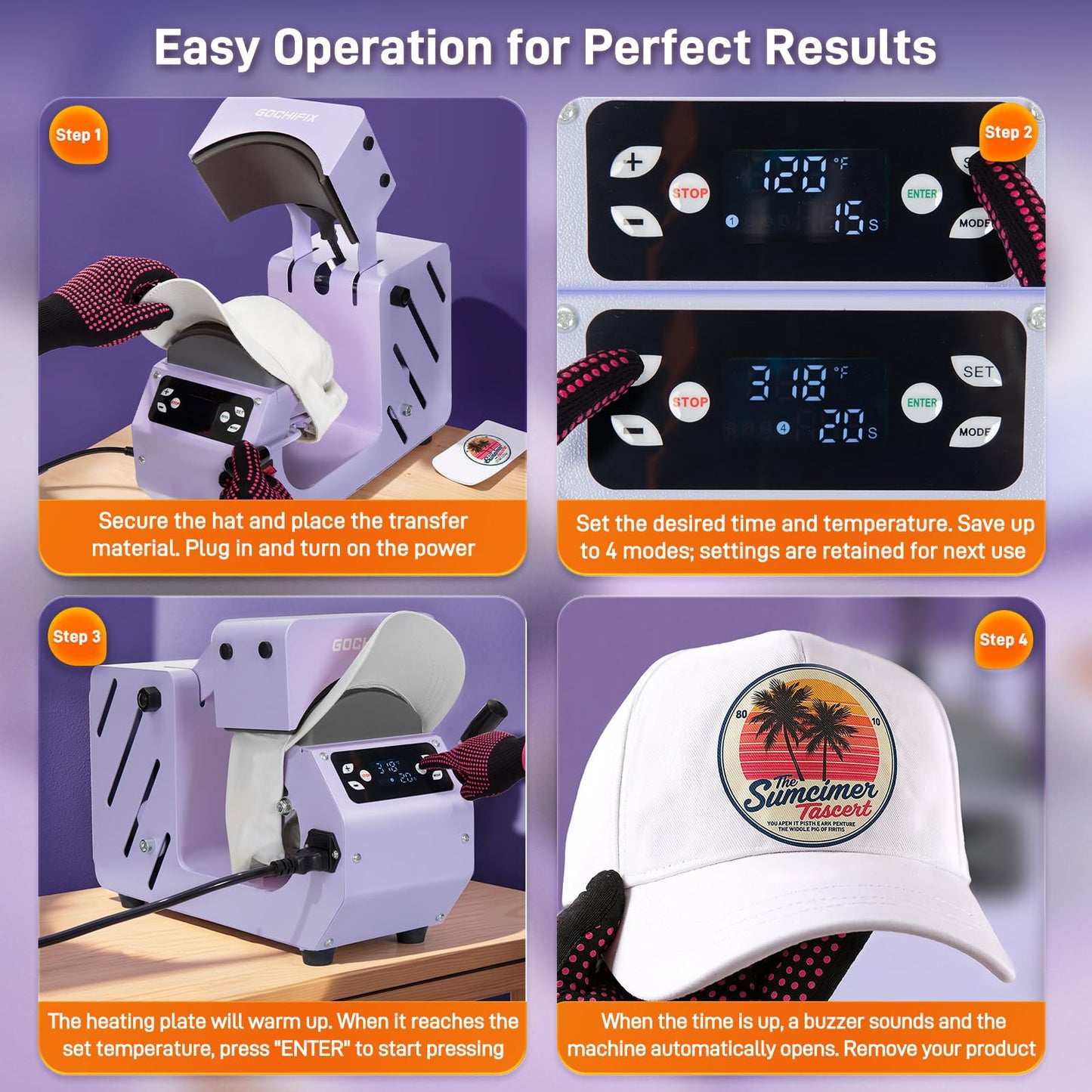 GOCHIFIX Auto Hat Heat Press Machine, Automatic Open/Release, 4 Memory Modes, Precise Temp/Timer Control, 6.54"x3.84"Curved Heat Plate, Hat Stretcher, for Caps, Sublimation, Vinyl, Heat Transfer