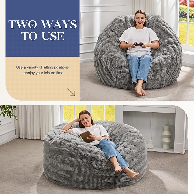 Hobestluk Bean Bag Chairs Beanbag Chair with Filler Adult Bean Bags with Fluffy Ripple Cover, Giant Bean Bag Chairs for Adults (Grey, 5FT - 50" x 50" x 24")