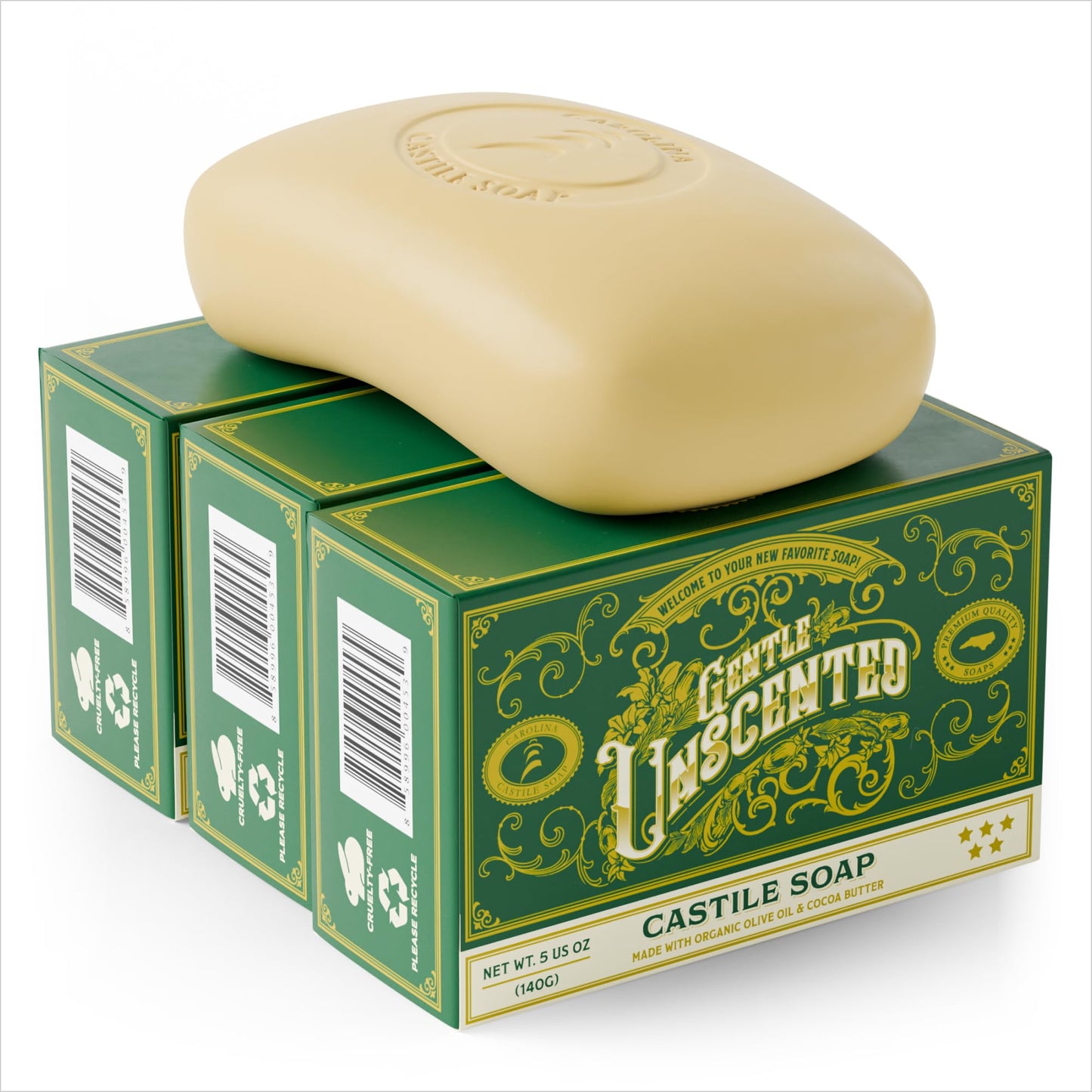 Carolina Castile Soap Vegan Unscented Castile Bar Soap - 3 Bars of Natural Soap for Men, Women, and Kids - Gentle, Hydrating Cas