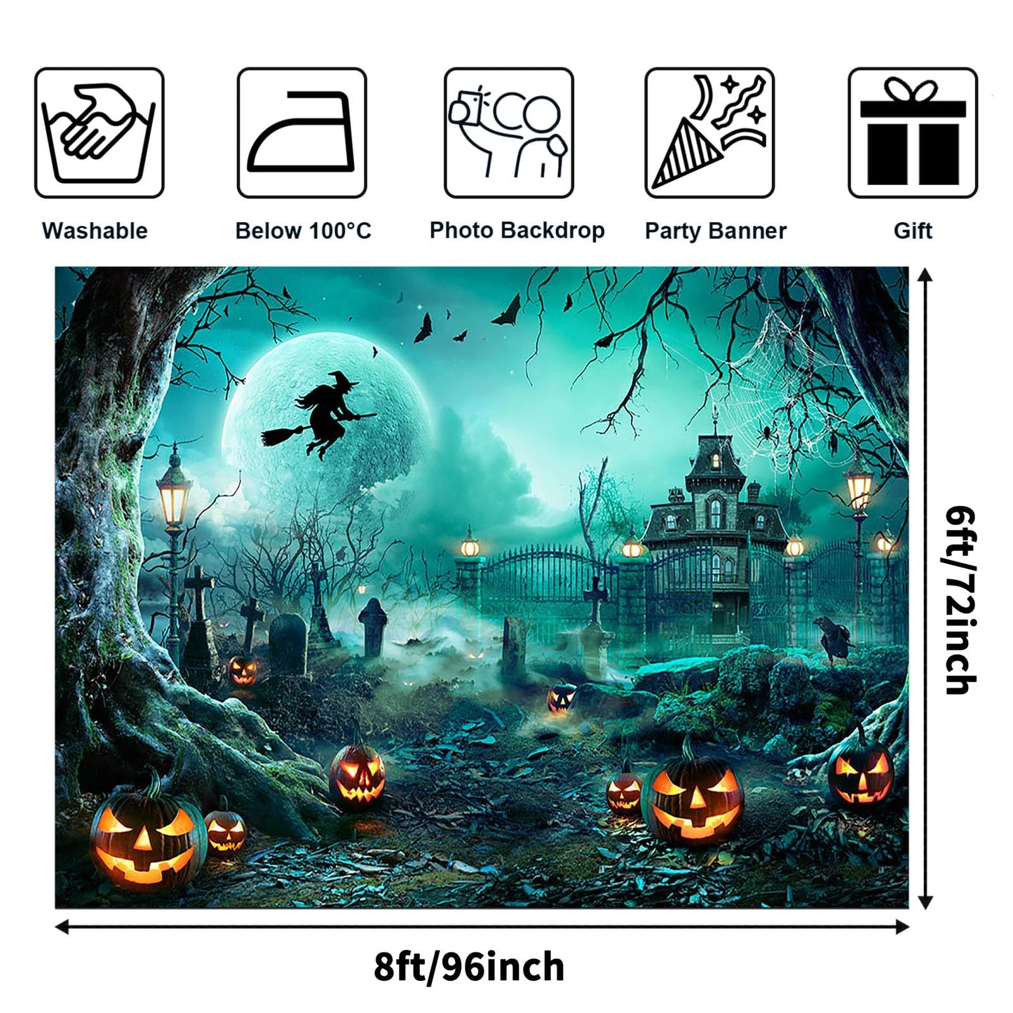 Avezano Halloween Photography Backdrop Full Moon Scary Night Castle Pumpkins Party Background Spooky Witch Bats Cemetery Child Kids Halloween Party Decorations Photoshoot Backdrops (8x6ft, Green)