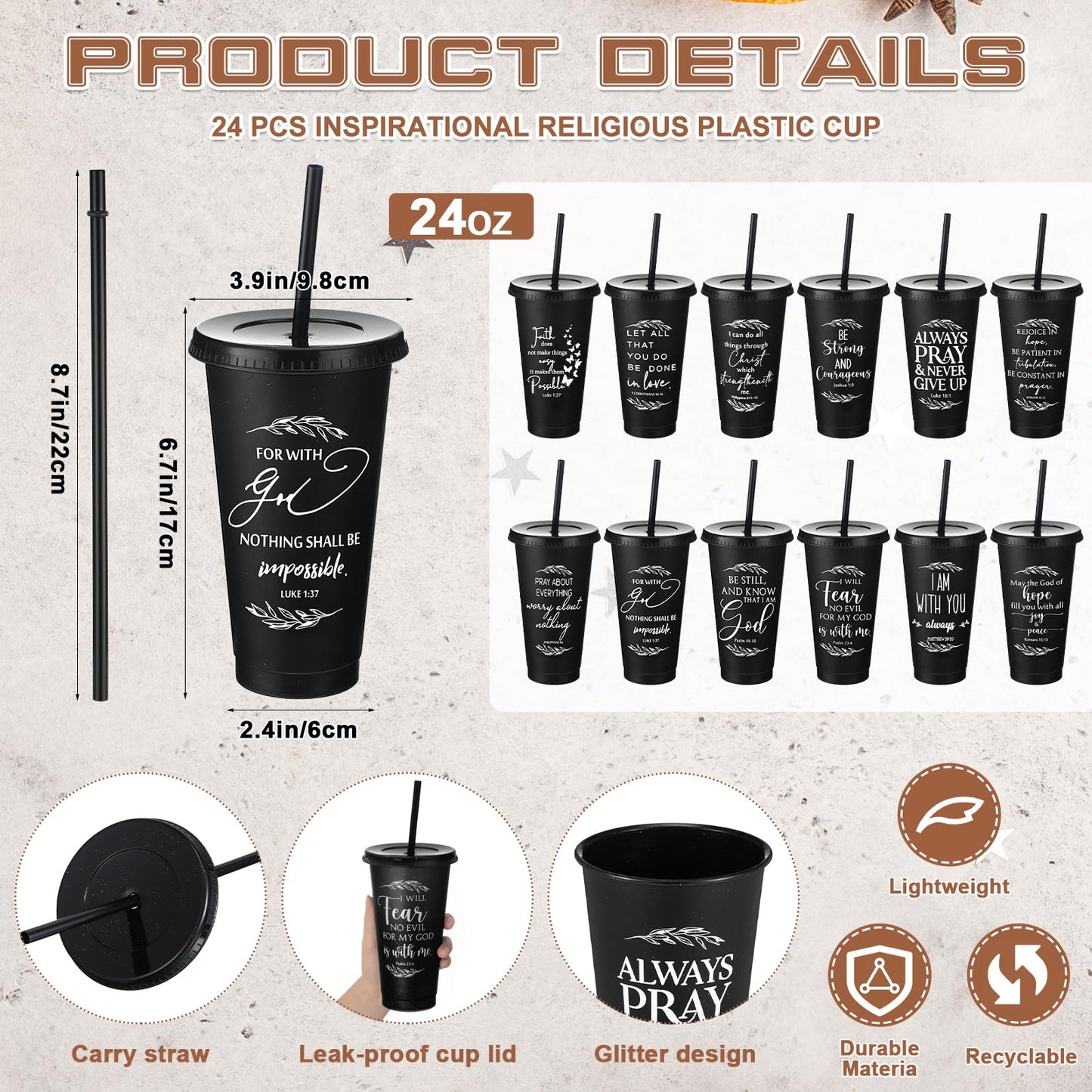 Havawish Inspirational Christian Gift Bible Verse Tumbler Bulk 24 oz Drinking Tumblers with Lid Straw Religious Plastic Cup for Grandparent Day Women Men Sunday School Church Xmas(Black,24)