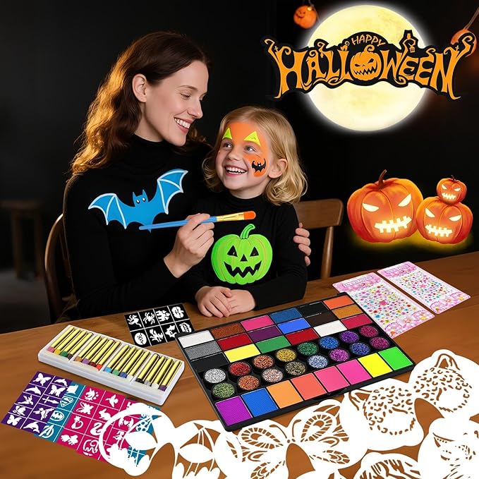 Face Painting kit for Kids Aldult, 42 Colors Non Toxic Face Paint with 16 Face Paint Crayons, 6 Reusable Face Painting Stencils, 60 Sticky Stencils for Kids, 4 Stickers, for Parties, Halloween
