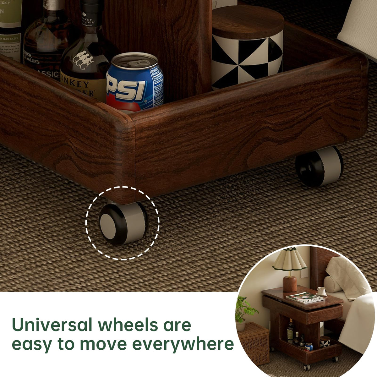 Vadisun 100% Solid Wood Lift Top Coffee Table, Small Bedside Table with Rolling Wheels, Adjustable Side Table for Dining Room, Recliner and Small Places(Walnut, Fully Assembled Furniture)