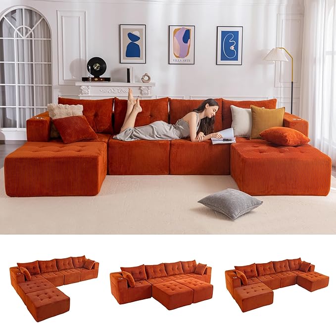 MAXYOYO 129.5" Modular Sectional Sofa Couch, U Shaped Modern Cloud Couch with 2 Ottomans, Sofa in A Box, Tufted 6-Seat Boneless Sleeper Chair for Living Room, No Assembly Required, Orange