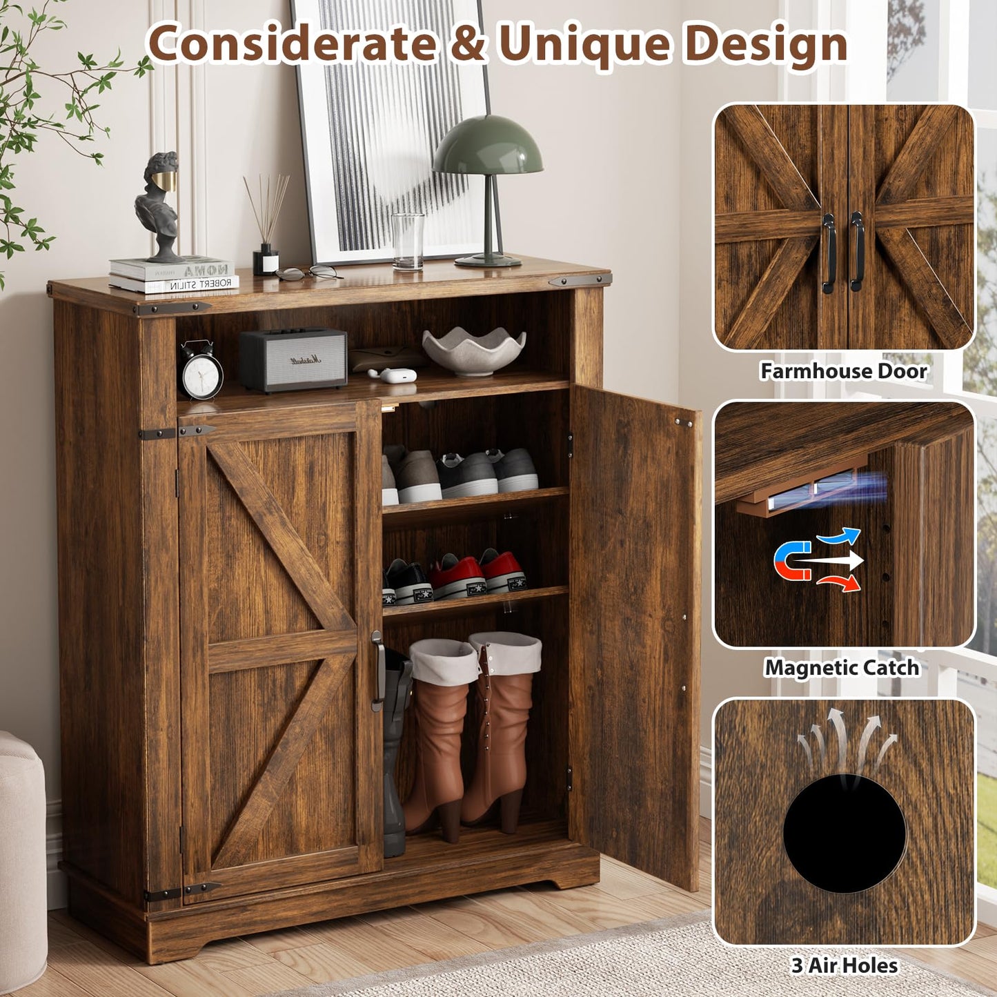 ALLSTAND 6-Tier Shoe Cabinet with Doors, Entryway Shoe Rack Wooden Shoe Storage Cabinet with Adjustable Shelves & Anti-tip Fitting, Farmhouse Shoe Cabinet Storage for Entryway, Living Room, Closet