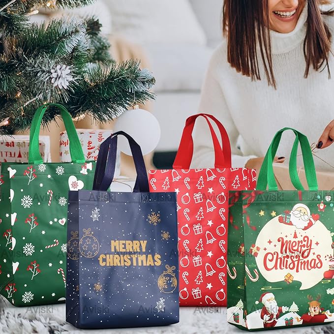 4 PACK Christmas Gift Tote Treat Bags with Handles, Multifunctional Non-Woven Christmas Bags for Gifts Wrapping Shopping, Xmas Party Supplies, 12.2"×9.8"×4.53"