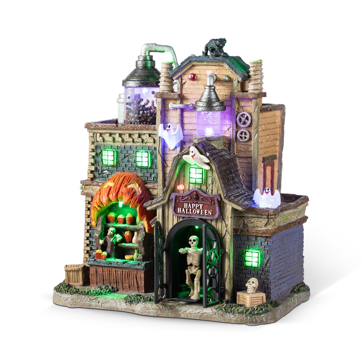Glitzhome Halloween Decorations, 11" H Lighted Halloween Village Houses Decor with LED Lights, Resin Haunted Spooky Town for Home Party Table Desk Mantel Ornaments