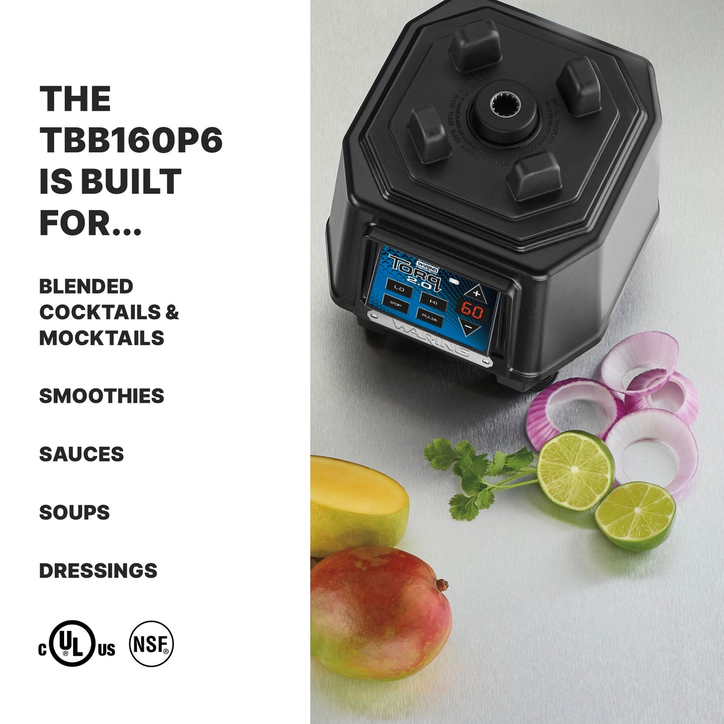 Waring Commercial TBB160P6 TORQ 2 Horsepower Blender, Electronic Keypad with 60-Second Countdown Timer and a 64 oz. BPA Free Copolyester Container, 120V, 5-15 Phase Plug