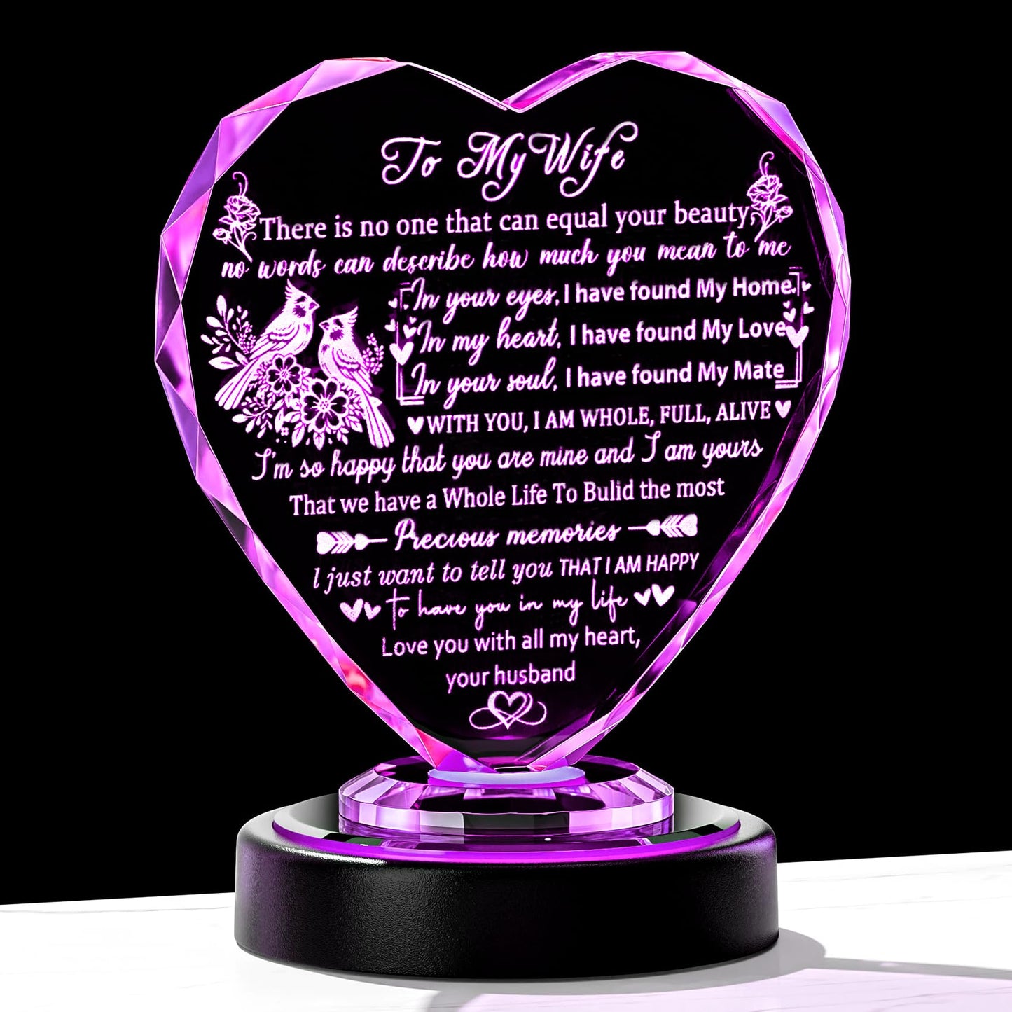 Gifts for Wife from Husband - Birthday Anniversary Romantic Presents for Her, Wife - to My Wife Glass Heart Keepsake with Colorful LED Base for Valentine's Day Mothers Day