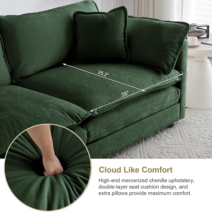 KIVENJAJA Oversized L-Shaped Modular Sectional Sofa, Modern Comfy Chenille 4-Seater Deep Seat Cloud Couch with Ottoman/Chaise & 6 Pillows for Living Room Office, 146.5”W, Green