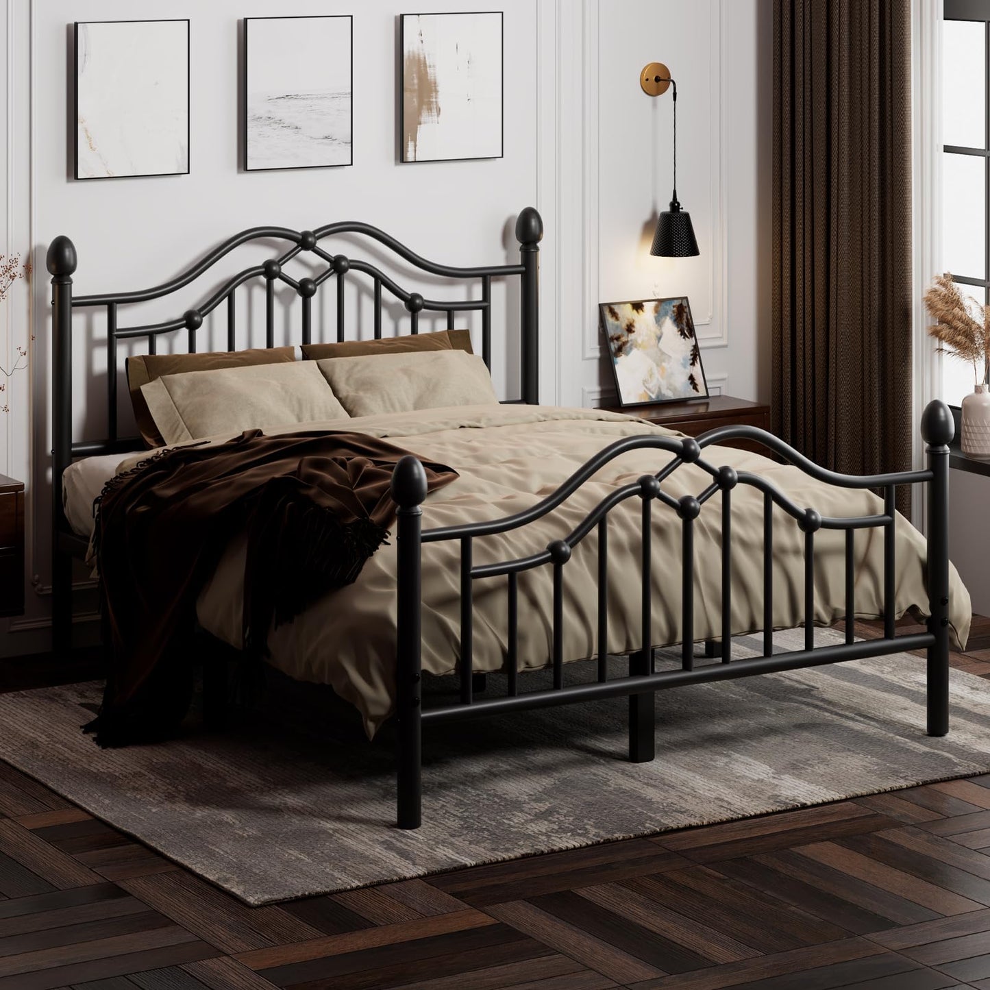 LoVinson Queen Metal Bed Frame with Headboard and Footboard, Modern Iron Platform Bed Frame Support Up to 1200LBS, Under Bed Storage, No Box Spring Needed, Easy Assembly, Black