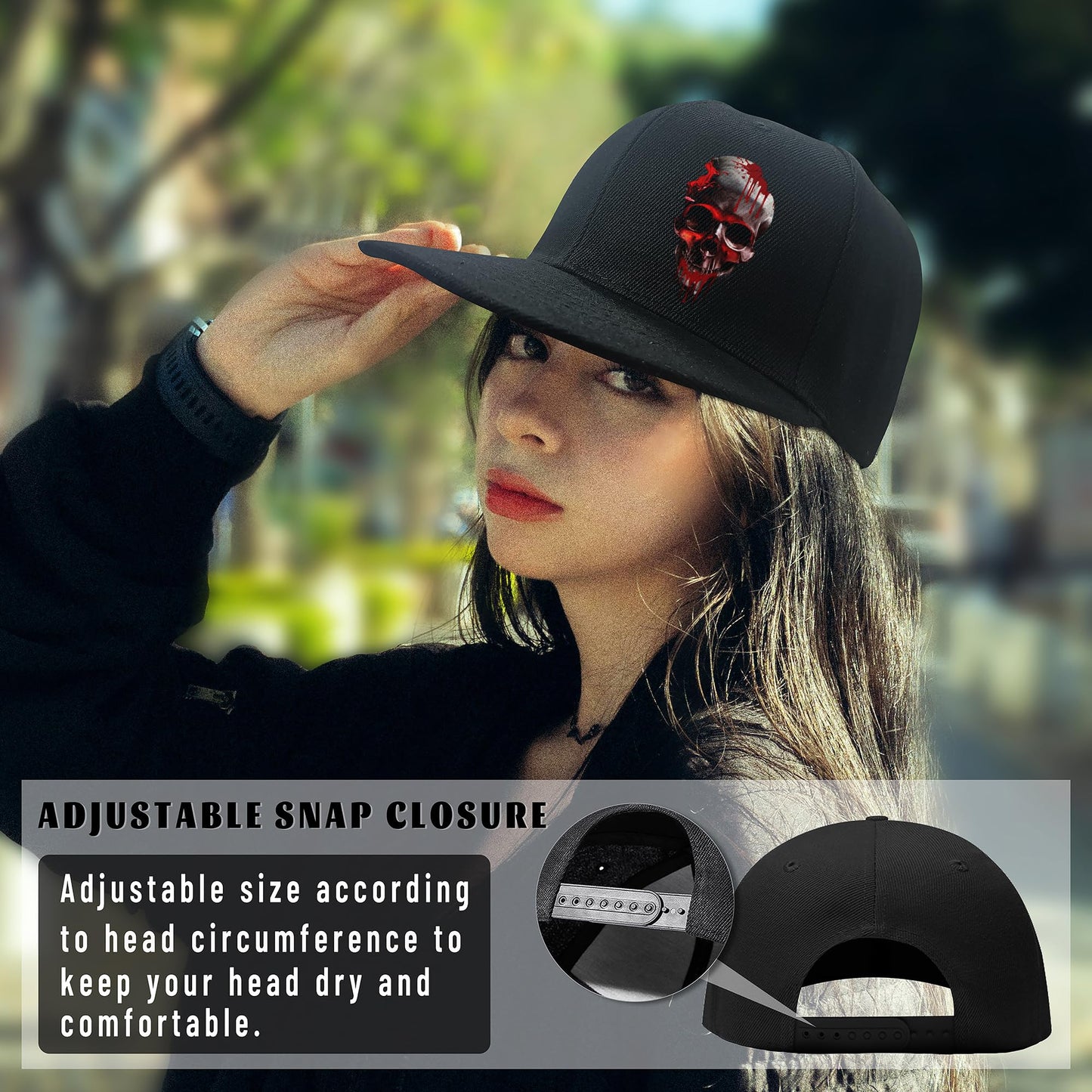 Horror Bleeding Skull Snapback Hats for Men Flat Bill Snap Backpack Baseball Hat for Women Skeleton Dad Trucker Hats Adjustable Baseball Cap Fitted Hats for Skateboarding Running