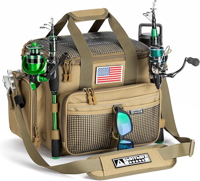 Ghosthorn Fishing Tackle Bag with Rod Holder Saltwater & Freshwater Resistant Large Tackle Box Bag - Adjustable Padded Sho...