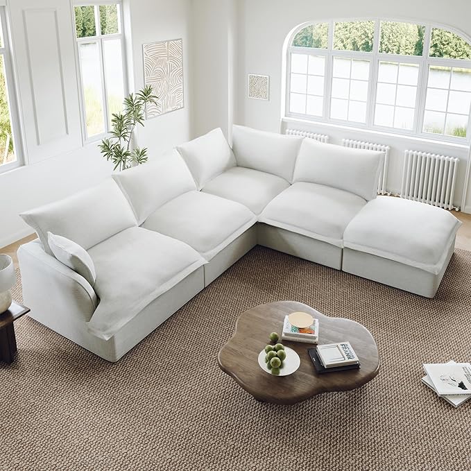 Lopzeho Oversized Cloud Modular Sectional Sofa, Comfy Down Filled Cloud Couch with Removable Cover, L Shaped 4 Seat Couch with Ottoman, Deep Seat Sectional Couches for Living Room, Cream White