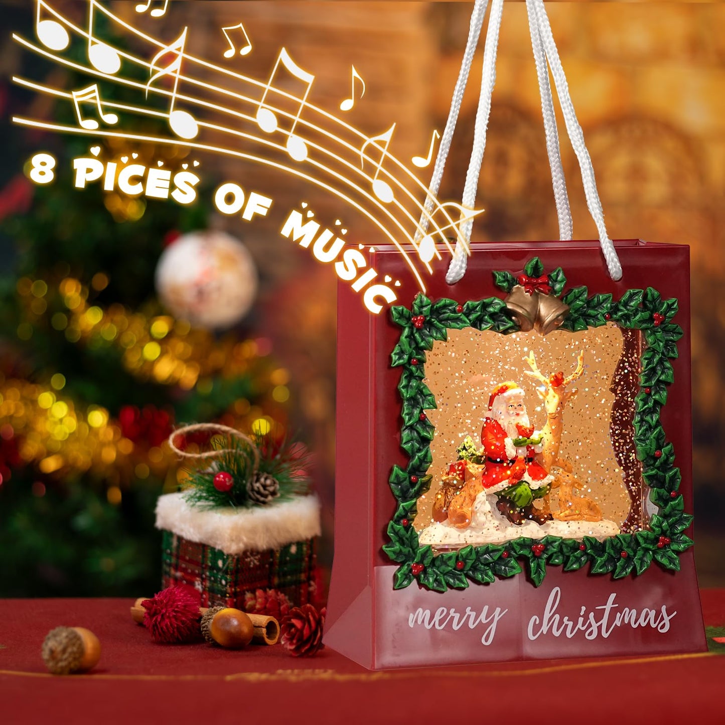 Santa Snow Globe Lantern, Musical Christmas Snow Globes with Swirling Glitter, Santa Claus with Reindeer Lighted Snow Globe Merry Christmas Indoor Holiday Party Gifts and Decorations