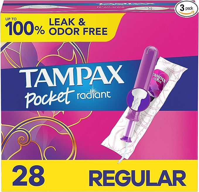 Tampax Pocket Radiant Compact Plastic Tampons, with LeakGuard Braid, Regular Absorbency, Unscented, Pack of 3 (28 count ea...
