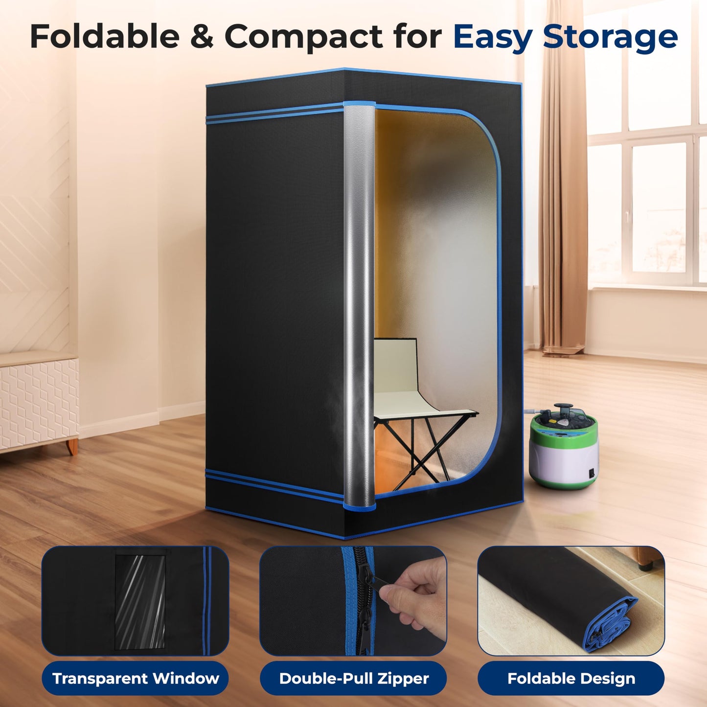 SereneLife Portable Sauna Box for Home, Steam Tent with Extra Large 4L Steamer - Includes Folding Chair, Remote Control w/ 9 Heat Levels for in-Home Spa - 2.9' x 2.9' x 5.9'