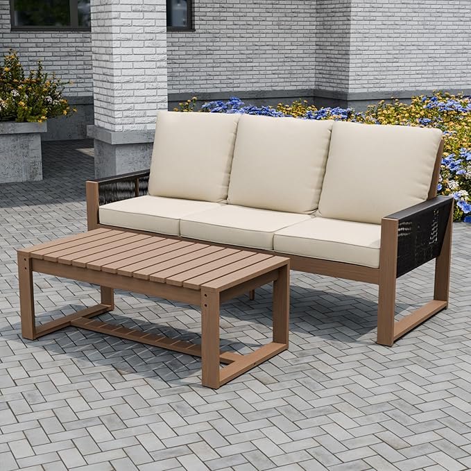 INTER HUT Rustic Hideaway Natural Cedar Wood Outdoor Furniture Set, Wicker Patio Conversation Set for Porch Garden Backyard, Couch and Coffee Table, 2 Piece, Brownish/Beige
