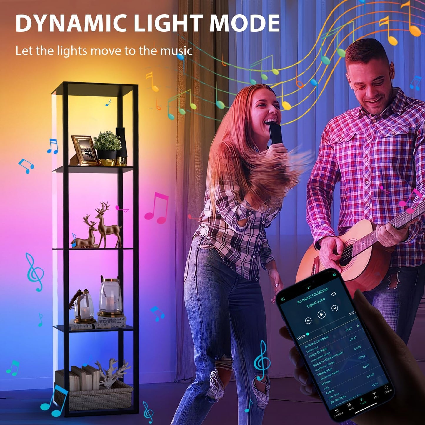 Caupel 5 Tiers Corner Shelf with LED Light, 63.78" Tall Display Shelf for Collectibles, LED Corner Floor Lamp with APP and Remote Control for Living Room Bedroom