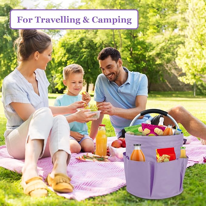17L Portable Shower Caddy for Women, Foldable Cleaning Caddy with Handle and 6 Pockets, 600D Oxford Fabric Garden Tool Bag, Multifunctional Storage Basket for College, Dorm, Family, Purple