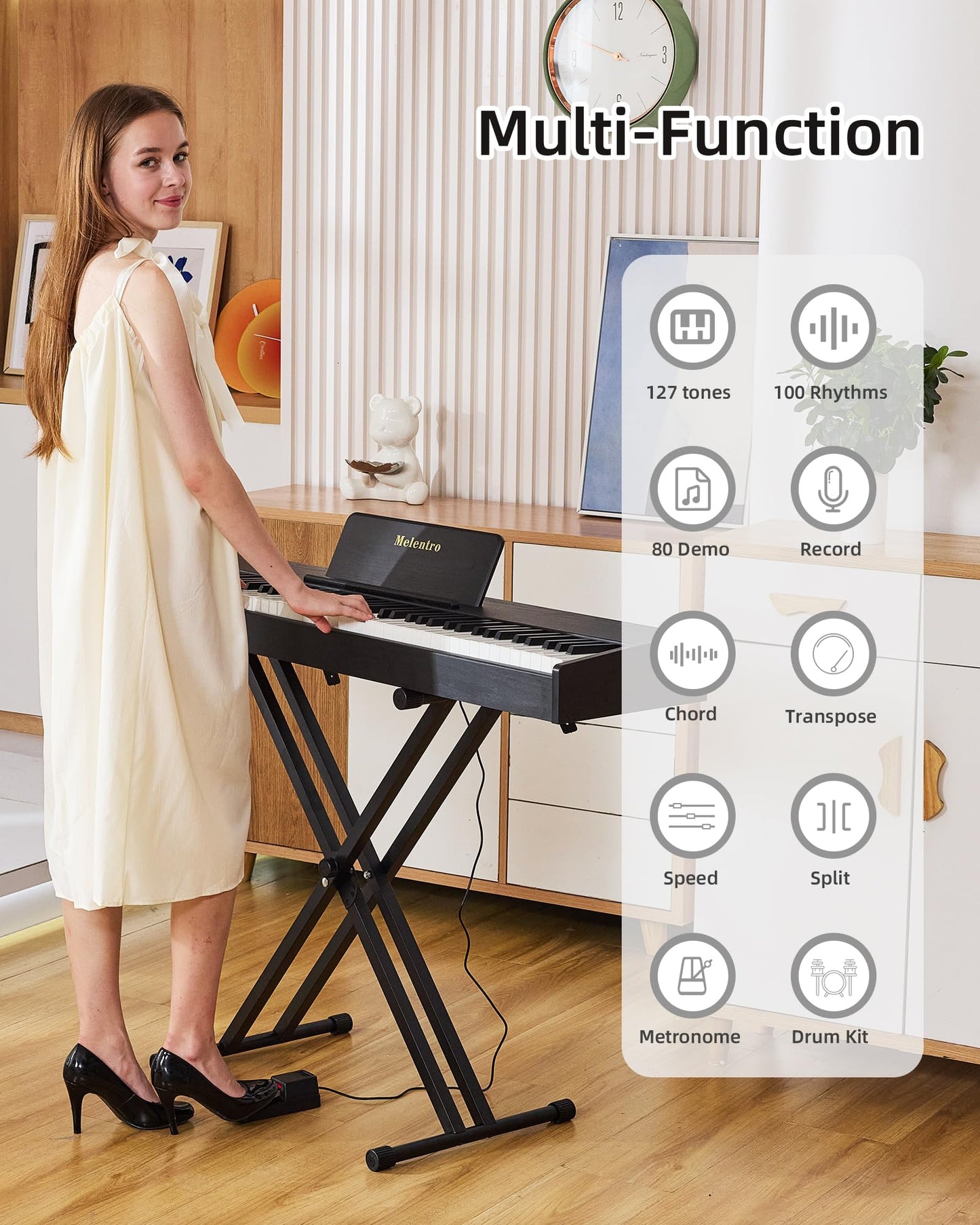 Melentro Digital Piano 88 key Semi Weighted Keyboard With X Stand & Sustain Pedal, Full-Size Beginner Electric Piano For Bluetooth, Headphone Mode, USB-MIDI