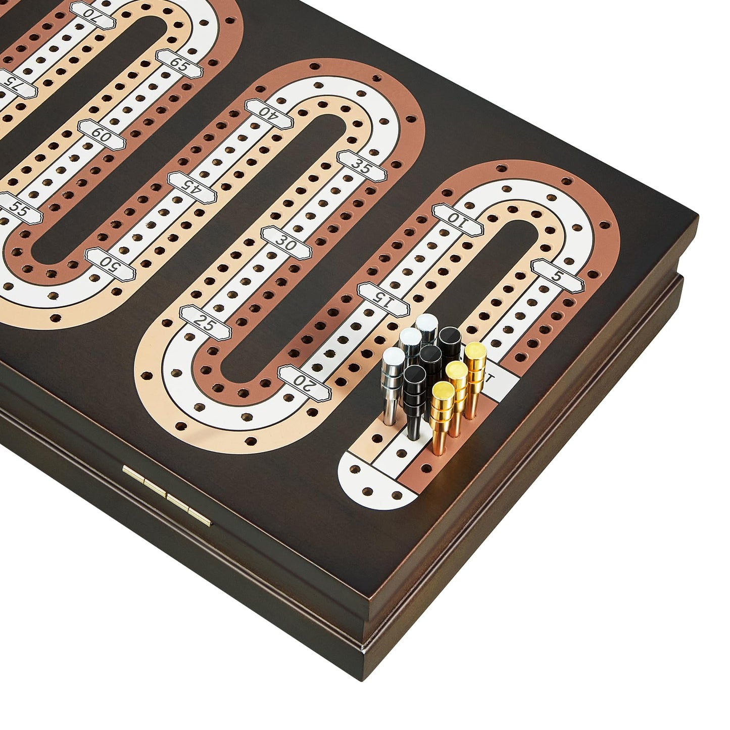 ELONGDI Wooden Cribbage Board Game Set with Magnetic Lock and Large Storage - 9 Metal Pegs & 2 Deck of Playing Cards,Continuous 3 Track Board Travel Portable Cribbage Game for Family
