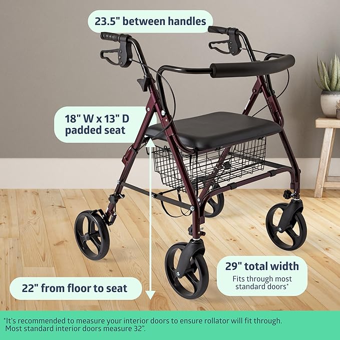 Medline Large Extra Wide Bariatric Rollator Walker with Seat, Burgundy, 400 lb. Weight Capacity, Foldable, Under Seat Storage, 8" Wheels, Padded Backrest, Rolling Walker For Seniors & Adults