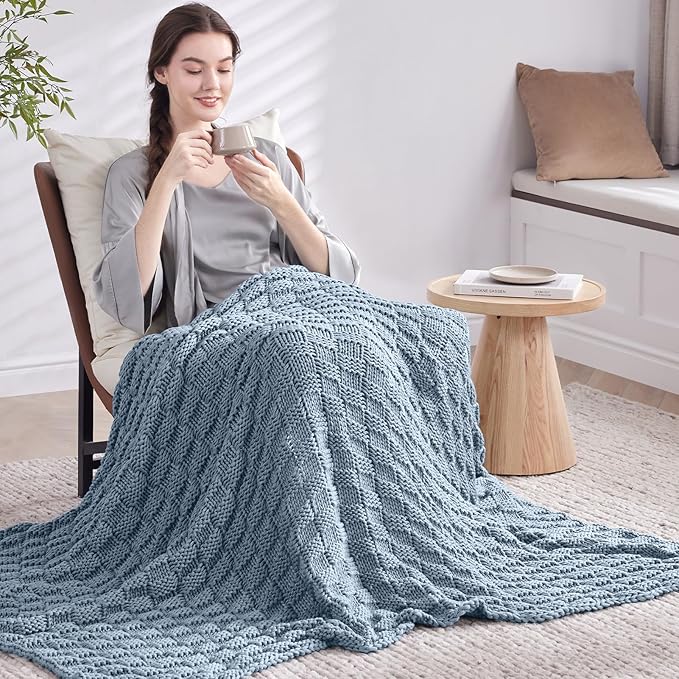 Knitted Weighted Blanket Kids, No Beads Heavy Blanket 36” x 48'' 5lbs, Breathable Chunky Knit Blanket, Cooling Weighted Blanket for Hot Sleepers, Christmas Home Decor (Light Blue)