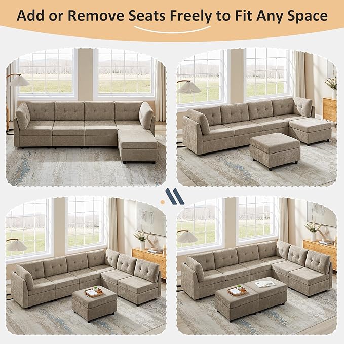 VANOMi 4 Seater Modular Cloud Sofa with 2 Ottomans, 118" Sectional Sofas & Couches for Living Room, Comfy Chenille Cloud Sectional Couch Sofas for Living Room, Apartment, Office, Camel, U Shaped