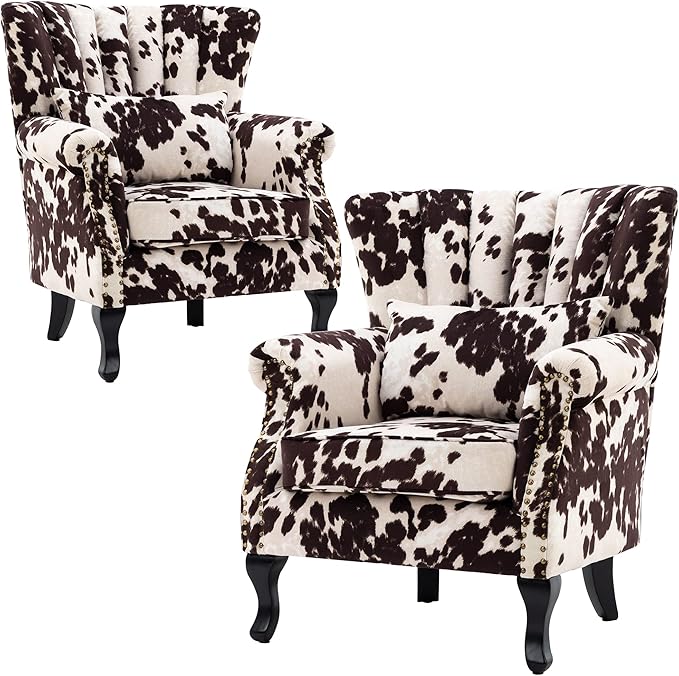 DM Furniture Cow Print Accent Chairs Set of 2 with Arm Comfy Velvet Living Room Chair Mid-Century Modern Wingback Side Chair Single Sofa Couch for Bedroom Guest Room